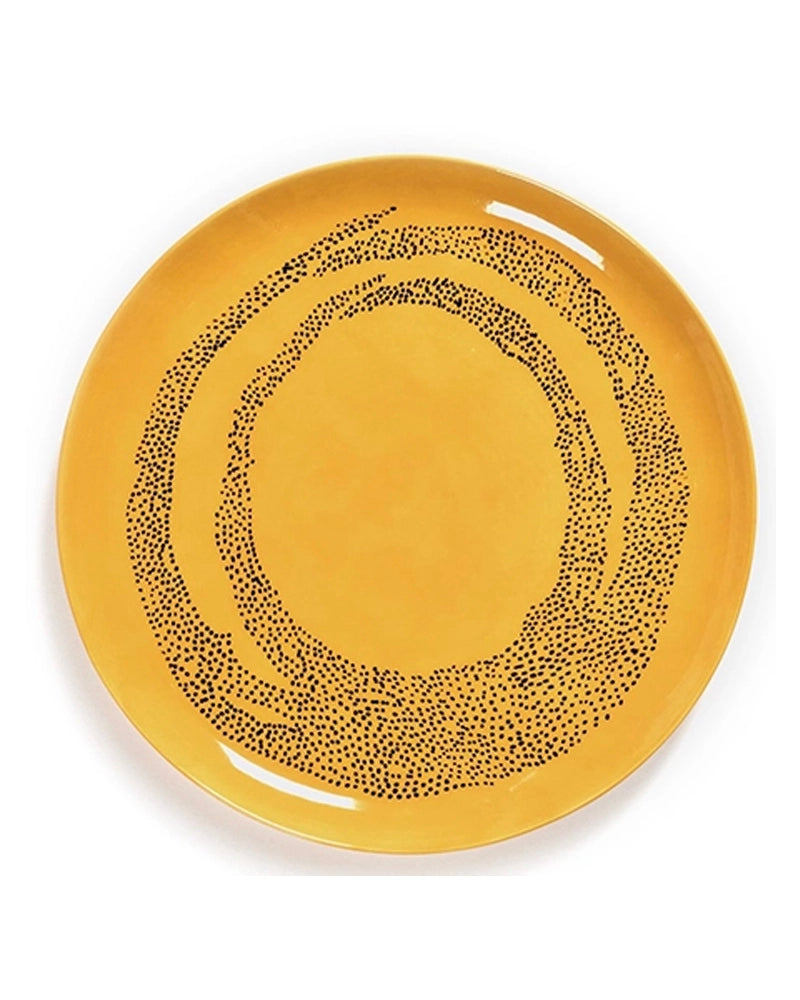 Plate Feast L Sunny Yellow Swirl - Black Dots - Set of 2